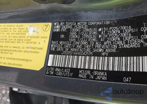 2004 Toyota Highlander V6 from USA, damaged, VIN JTEEP21A440042595